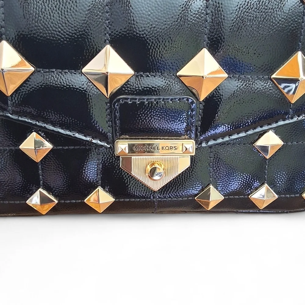 Michael Kors Whitney Studded Patent Leather Shoulder Bag Black Gold